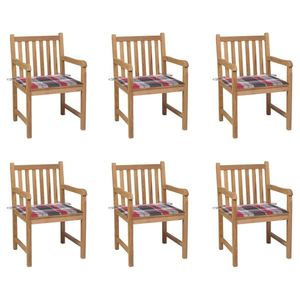 vidaXL Scaune grădină cu perne, 6 buc, roșu, carouri, lemn masiv tec imagine