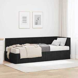 vidaXL Cadru de pat colțar cu saltea cu headboard 2 pcs Negru Catifea imagine