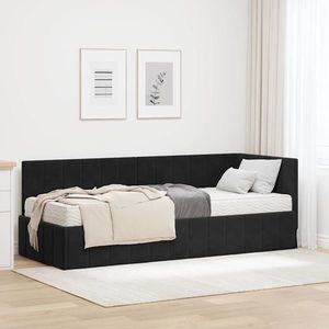 vidaXL Cadru de pat colțar cu saltea cu headboard 2 pcs Negru Catifea imagine