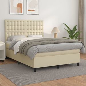 vidaXL Pat box spring cu saltea, crem, 140x200 cm, piele ecologică imagine