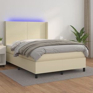 vidaXL Pat cu arcuri, saltea și LED, crem, 140x190 cm, piele ecologică imagine