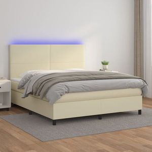 vidaXL Pat cu arcuri, saltea și LED, crem, 180x200 cm, piele ecologică imagine