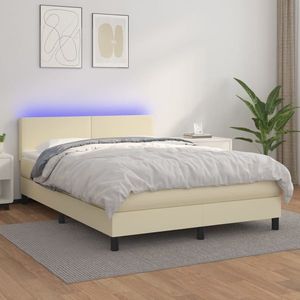vidaXL Pat cu arcuri, cu saltea & LED, crem, 140x190 cm, piele eco imagine