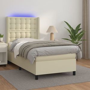vidaXL Pat cu arcuri, saltea și LED, crem, 90x190 cm, piele ecologică imagine
