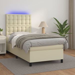 vidaXL Pat continental cu saltea și LED, crem, 80x200 cm, piele eco imagine