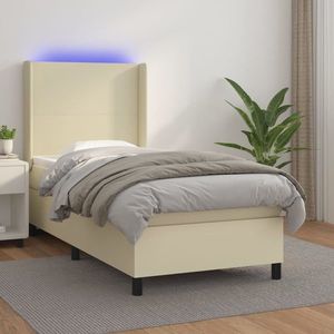 vidaXL Pat cu arcuri, saltea și LED, crem, 90x200 cm, piele ecologică imagine