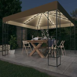 vidaXL Pavilion cu șiruri de lumini LED, gri taupe, 3x3 m, țesătură imagine