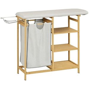 HOMCOM Coș de Rufe din Bambus cu Masă de Călcat și Suport de Călcat, Coș de Rufe cu Raft cu 3 Niveluri, 113x34x82 cm, Gri imagine