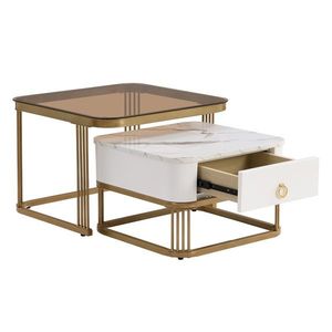 Set de Măsuțe de Cafea Suprapozabile din Marmură Lucioasă și Sticlă cu Detalii Aurii și Sertare, 60x60x42, 5 cm + 50x50x34 cm, Alb imagine