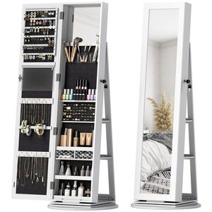 HOMCOM Oglindă 3 în 1 cu Suport Bijuterii, Rotativă, Rafturi și Ușă cu Cheie, Albă | Aosom Romania imagine