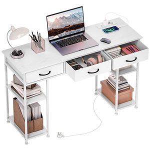 HOMCOM Birou cu depozitare cu prize de curent, 3 sertare din material textil și 4 rafturi de depozitare, 120 x 40 x 76 cm, alb | Aosom Romania imagine