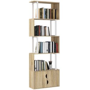 HOMCOM Bibliotecă cu 5 nivele, mobilier de depozitare cu rafturi și dulap cu dublă ușă, 60 x 23, 8 x 179, 2 cm, lemn natural | Aosom Romania imagine