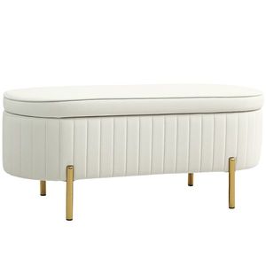 HOMCOM Bancă de Depozitare de Intrare Ovală 72L, Design Canelat cu Capac Rabatabil și Scaun Capitonat, Bancă de la Capătul Patului, Pouf, în Velur și cu Picioare din Lemn de Pin, 108x44x43.5 cm, Crem | Aosom Romania imagine