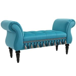 HOMCOM Bancă de șezut tapitată, aspect catifelat, bancă de pat de lux cu picioare din lemn, bancă de hol pentru dormitor, capacitate de încărcare până la 150 kg, Albastru, 117 x 40 x 58 cm | Aosom Romania imagine