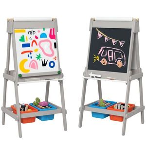 AIYAPLAY Tabla de desen pentru copii dublă cu rola de hârtie, tablă cu cretă, tablou, design 3-in-1 pentru desen și pictură | Aosom Romania imagine