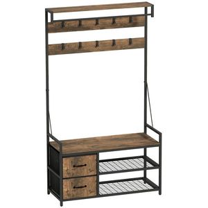 HOMCOM Suport pentru haine 6-în-1 cu raft pentru pantofi, stil industrial, 10 cârlige, 2 sertare textile, metal, maro | Aosom Romania imagine