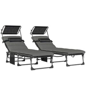Outsunny Set de 2 șezlonguri pliante cu copertină, șezlonguri înclinabile cu pernă, buzunar lateral și mâner de transport, gri închis | Aosom Romania imagine