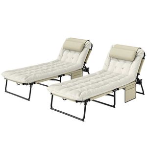 Outsunny Set de 2 șezlonguri pliabile cu spătar reglabil 4 poziții - tetieră și saltea groasă bej | Aosom Romania imagine