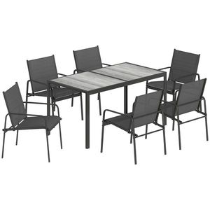 Outsunny Set de Prânz pentru Exterior, 7 Piese pentru 6 Persoane, Masă cu Efect de Lemn și Scaune cu Șezut Respirabil, Set Mobilier de Grădină cu Cadru din Oțel Galvanizat, Negru | Aosom Romania imagine