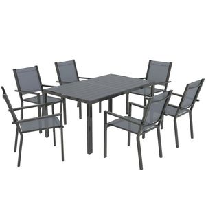 Outsunny Set Masă de Grădină cu Scaune, 7 Piese, Set de Prânz cu Masă cu Blat din Lemn Compozit cu Șipci și 6 Scaune de Exterior Stivuibile, Mobilier din Oțel cu Texteline, Gri și Negru | Aosom Romania imagine