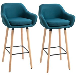 HOMCOM Taburete de Bar Design scandinav - Set de 2 Taburete de Bar Grand Confort cu Suport pentru Picioare și Cotiere - Lemn masiv Lână albastră | Aosom Romania imagine