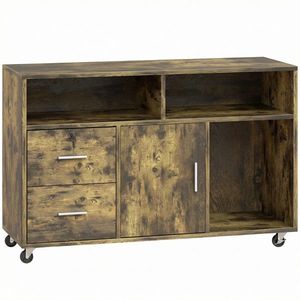 HOMCOM Dulap pentru Imprimantă pe Roți cu 2 Sertare, Încuietoare cu Cheie, 3 Rafturi și Dulap, pentru Documente de Birou și Studiu, 100x35x65 cm, Maro Rustic | Aosom Romania imagine