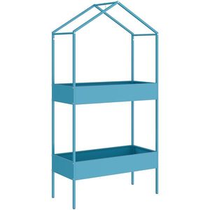 Outsunny Suport Ghivece pe 2 Niveluri din Metal în Formă de Casă, Raft pentru Plante cu Cârlig pentru Interior și Exterior, 75x35x150 cm, Verde Albastru | Aosom Romania imagine