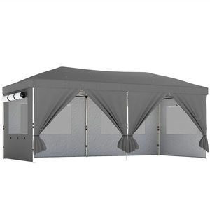 Outsunny Foișor Pliabil 3x6m Pop-Up cu 6 Pereți Laterali, Foișor de Grădină Reglabil pe Înălțime cu Saci de Nisip, Geantă cu Roți, UV50+ pentru Exterior, Gri Închis | Aosom Romania imagine
