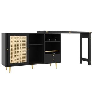 Masă înaltă de design, extensibilă și rotativă la 360°, cu blat rabatabil, dulap de depozitare cu ușă din ratan + raft deschis de depozitare, 107x40x71, 4 cm, Negru imagine