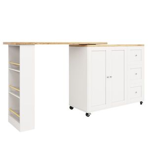 Insulă de bucătărie extensibilă, rotativă la 360°, cu 3 sertare, 2 uși și raft lateral pentru gustări, 135-203x39x106 cm, Alb imagine
