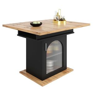 Masă de dining extensibilă cu 3 rafturi și uși din sticlă, 110-140x80x76 cm, Negru imagine