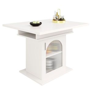 Masă de dining extensibilă cu 3 rafturi și uși din sticlă, 110-140x80x76 cm, Alb imagine