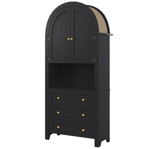 Dulap de depozitare înalt cu arc, cu 3 sertare, uși și compartiment deschis pentru expunere, pentru bucătărie și living, 70x35x180 cm, Negru imagine