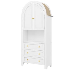 Dulap de depozitare înalt cu arc, cu 3 sertare, uși și compartiment deschis pentru expunere, pentru bucătărie și living, 70x35x180 cm, Alb imagine