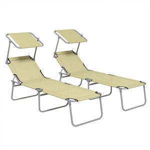 Outsunny Set de 2 Șezlonguri Pliabile cu Tetieră Reglabilă, Spătar Reglabil, Șezlonguri de Grădină din Material Oxford și Metal, pentru Plajă, Piscină, 187x58x36 cm, Bej | Aosom Romania imagine