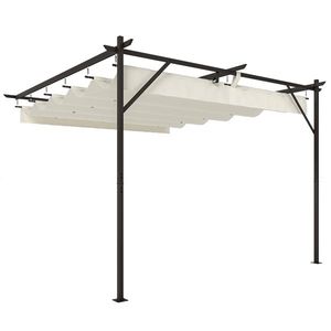 Outsunny Pergolă Adosată 3x3 m cu Acoperiș Retractabil, Orificii de Drenaj, Pergolă de Grădină din Poliester și Oțel, pentru Terasă, Exterior, UV30+, Alb Crem | Aosom Romania imagine