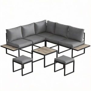 Outsunny Set mobilier grădină exterior 6 persoane modulabil masă de cafea și blaturi laterale din lemn PSPC perne groase 10cm gri | Aosom Romania imagine