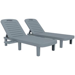 Outsunny Set de 2 șezlonguri, scaun lung cu tăvi retractabile, înclinabil, suprafață cu efect de lemn 62 x 158 x 88 cm, gri | Aosom Romania imagine