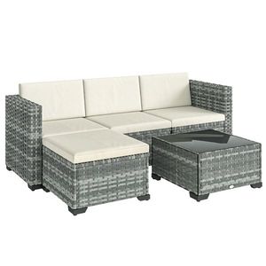 Outsunny Set mobilier grădină Polyrattan 5 piese, set lounge cu colțar, taburet, masă și perne pentru șezut și spate Gri+Cremeweiß | Aosom Romania imagine
