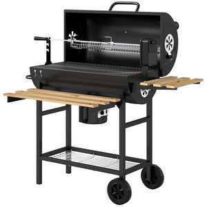 Outsunny Grătar pe cărbuni cu căruț de gătit, etajere pliabile, termometru, roți, rotisor electric, negru | Aosom Romania imagine