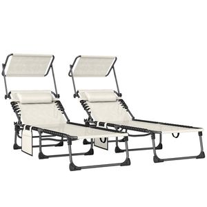Outsunny Set de 2 Șezlonguri Pliabile cu Pernă pentru Cap Copertină Buzunar Lateral și Spătar Reglabil în 5 Poziții Crem | Aosom Romania imagine