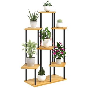 Outsunny Suport pentru plante cu 7 niveluri pentru interior și exterior, stand plante din oțel și lemn, lemn natural | Aosom Romania imagine