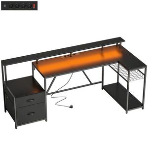 HOMCOM Birou Gaming Reversibil în Formă de L cu LED, Birou Colțar 192, 5 cm cu Prize Electrice, Suport Monitor și CPU, 2 Sertare din Material Textil pentru Documente A4/Legal, pentru Acasă sau Birou, Negru | Aosom Romania imagine