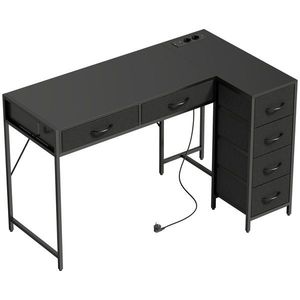 HOMCOM Birou de Colț Reversibil cu Prize și Porturi USB, 126x48 cm Birou în Formă de L cu 6 Sertare din Material Textil, Cârlig Lateral, pentru Computer, Birou, Cameră, Negru | Aosom Romania imagine