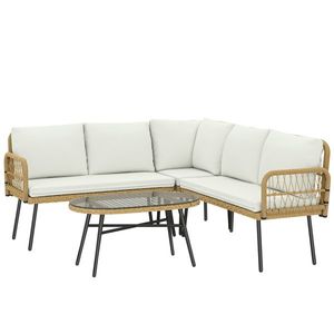 Outsunny Set Mobilier Grădină din Ratan, 4 Piese în Formă de L, cu 2 Canapele, Colțar, Măsuță de Cafea și Perne, Cadru din Oțel, pentru Balcon sau Terasă, Natural/Crem | Aosom Romania imagine