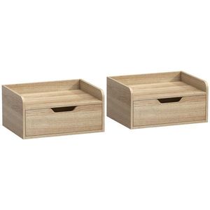 HOMCOM Set de 2 Noptiere de Perete Noptiere Suspendate cu 1 Sertar pentru Dormitor Cameră 40x30x19, 5 cm Lemn Natural | Aosom Romania imagine