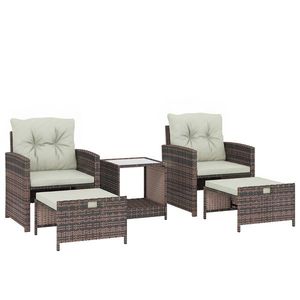 Outsunny Set de Mobilier de Grădină din Rattan 5 Piese, Set de Mobilier Exterior cu 2 Suporturi pentru Picioare, 2 Fotolii, Masă de Cafea cu 2 Niveluri, Perne, pentru Balcon, Terasă, Patio, Maro/Crem | Aosom Romania imagine