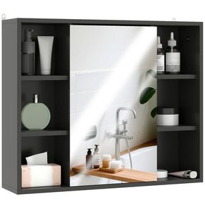 HOMCOM Mobilier baie cu oglindă, dulap cu uși și 6 compartimente deschise, 60 x 14, 5 x 49, 4 cm, negru | Aosom Romania imagine