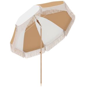 Outsunny Umbrelă de plajă cu franjuri Ø175 cm Umbrelă pentru terasă exterioară cu înălțime reglabilă Înclinare 30° Alb și Bej | Aosom Romania imagine