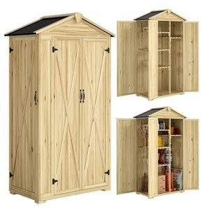 Outsunny Dulap de Grădină Căsuță pentru Unelte cu 3 Uși 93x53x168 cm Lemn Natural | Aosom Romania imagine